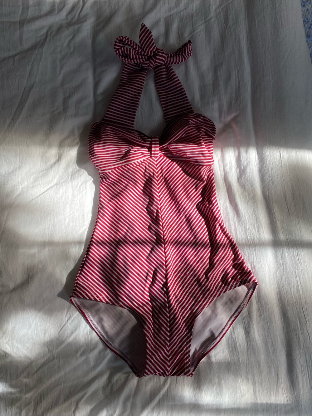 Unique Vintage Red and White Striped One-Piece Swimsuit, XXS